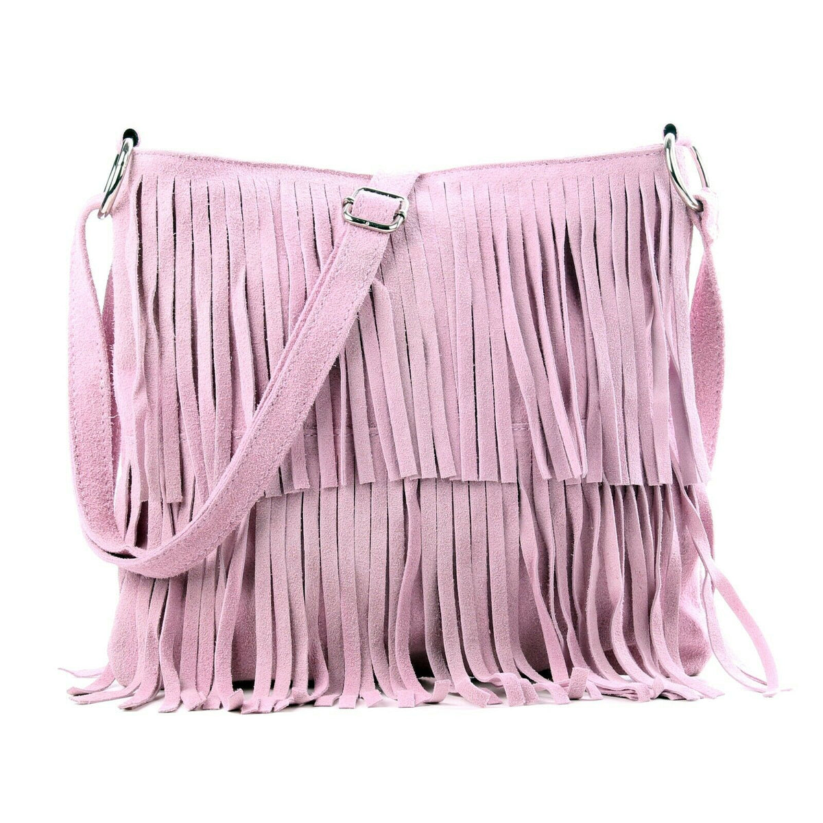 Italian Real Suede Leather Fringed Shoulder - Cross body Handbag - Pink image