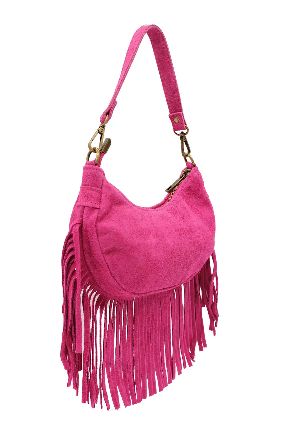 Small Genuine Italian Suede Fringed Crossbody Shoulder Bag - FUCHSIA image