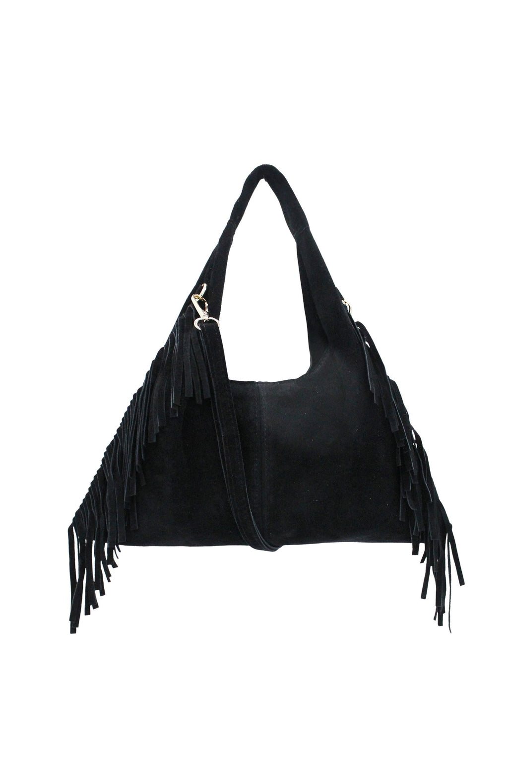 Italian Genuine Suede Fringe Crossbody Shoulder Bag - Black image
