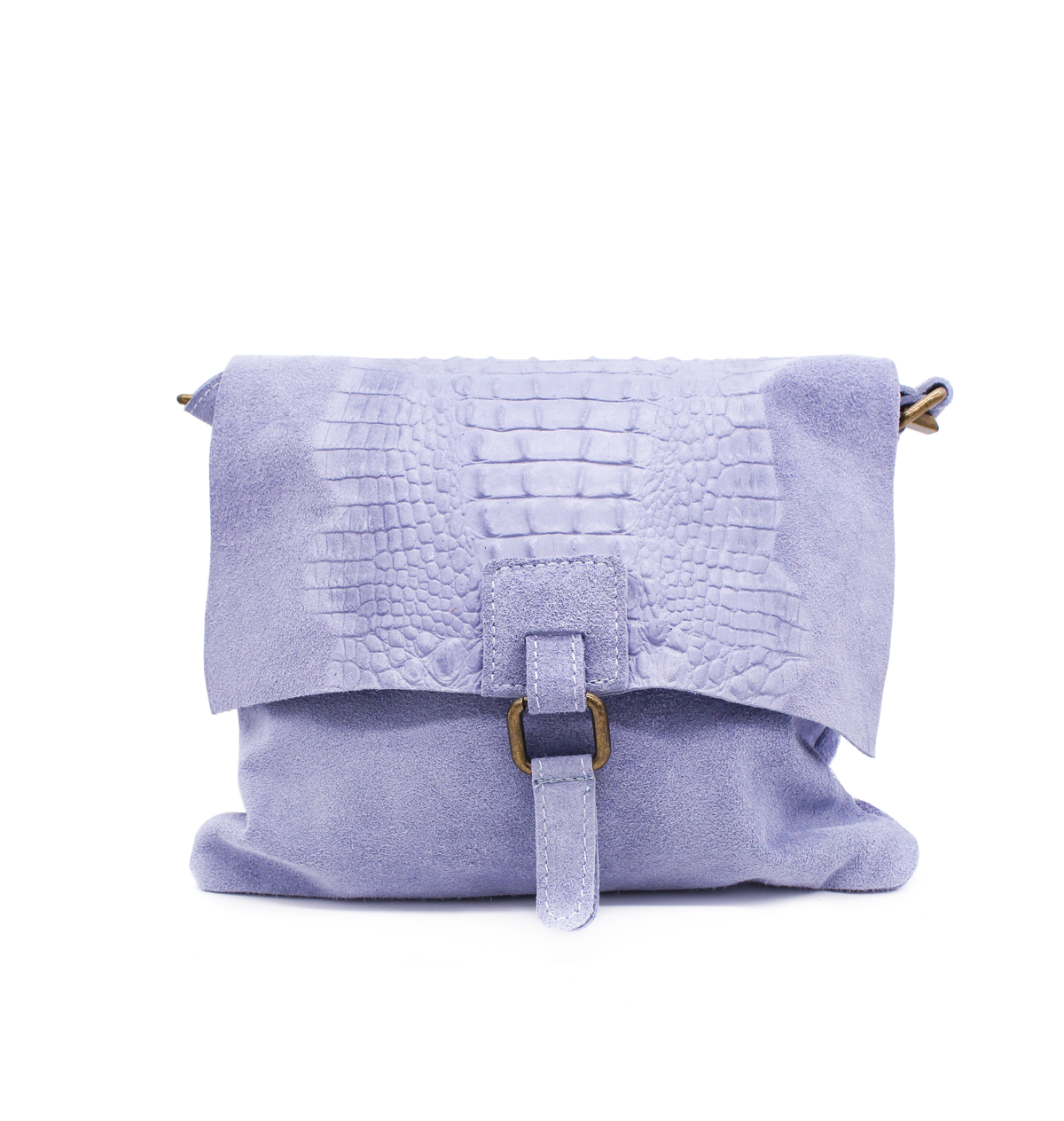 Italian Soft Suede Leather Croc Skin Pattern Flap Over Small Crossbody Bag - Blue image