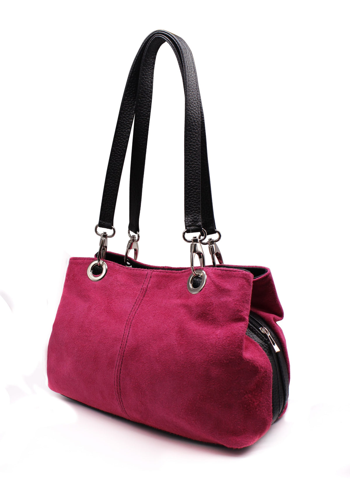 Real Italian Suede Vivid Colours Small 3 Compartments Tote Bag Stylish Shoulder Handbag - Fuchsia image