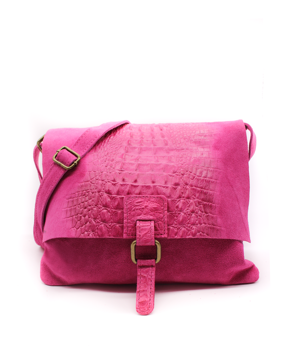 Italian Soft Suede Leather Croc Skin Pattern Flap Over Small Crossbody Bag - Fuchsia image