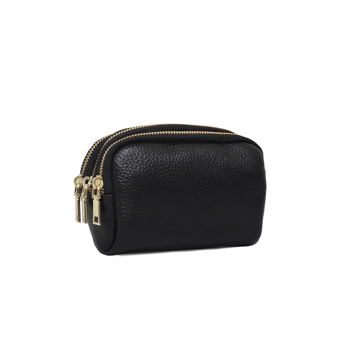 Genuine Leather Gold Tone Zippered Compact Pouch Purse - BLACK image