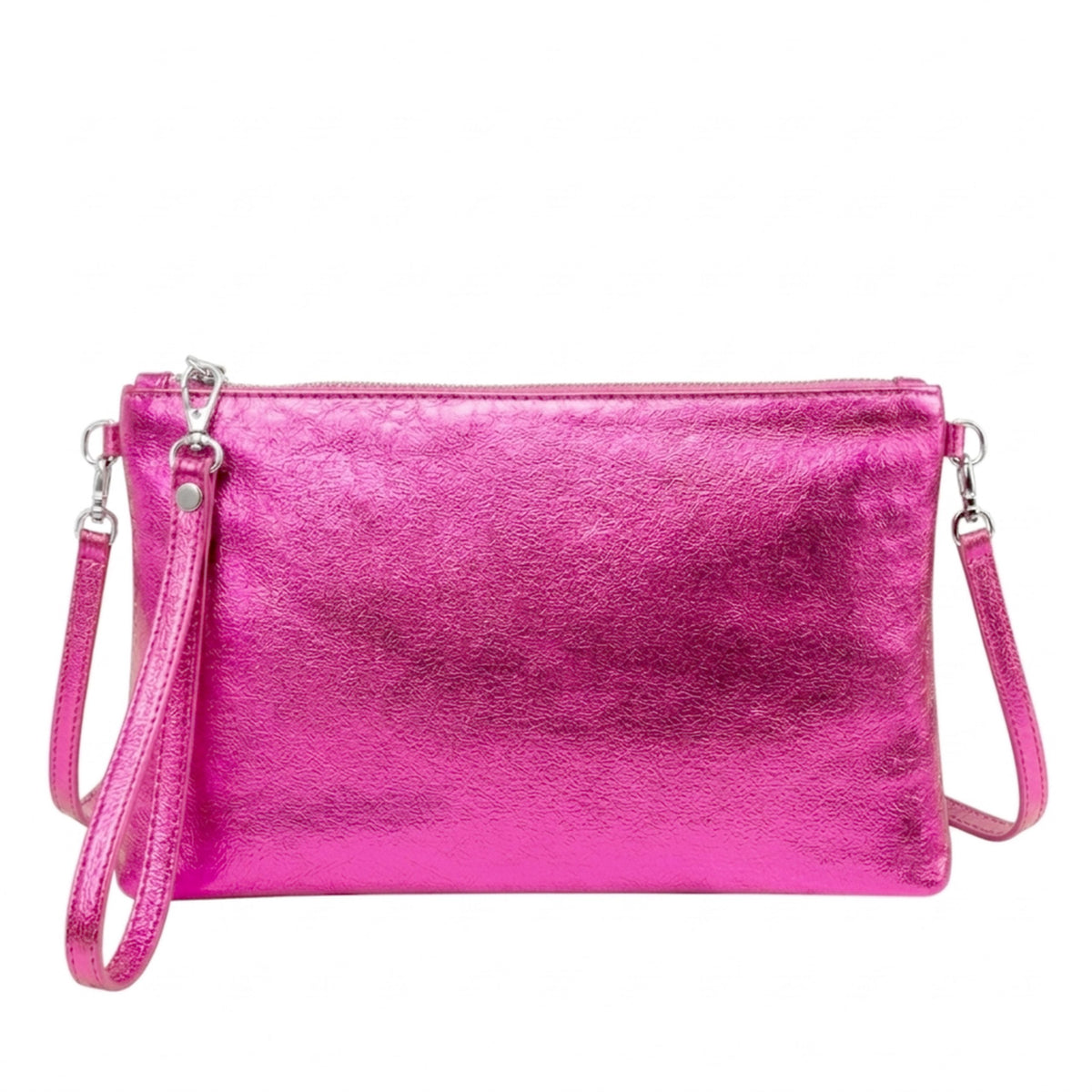 Genuine Metallic Leather Clutch Bag Small Shoulder Purse - FUCHSIA METALLIC image