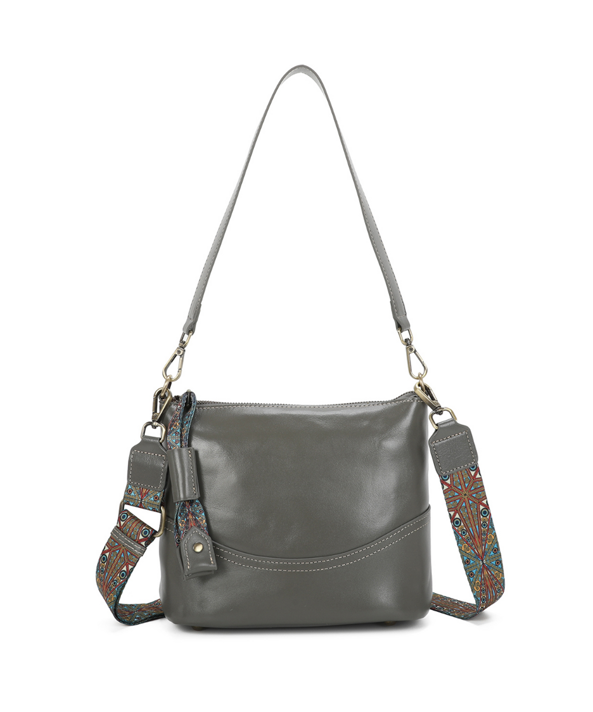 Boho-Chic Strap Genuine Leather Shoulder Bag - DARK GREY image