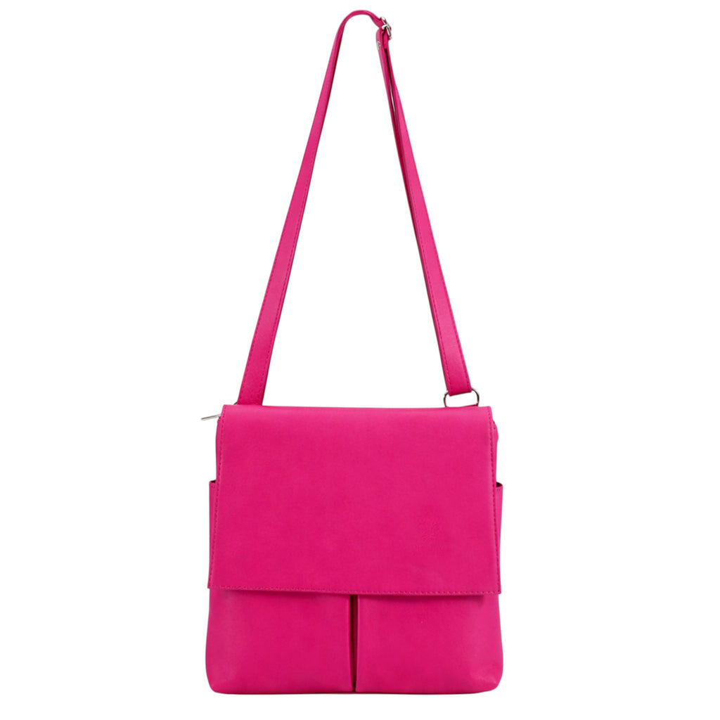 Genuine Leather Multi-Pocket Messenger Crossbody Bag - FUCHSIA image