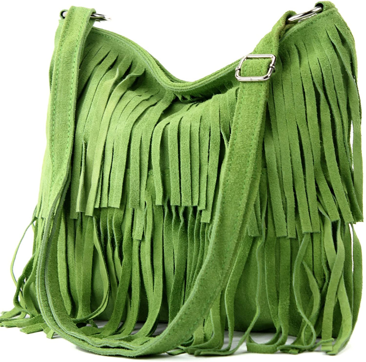Italian Real Suede Leather Fringed Shoulder - Cross body Handbag - Green image