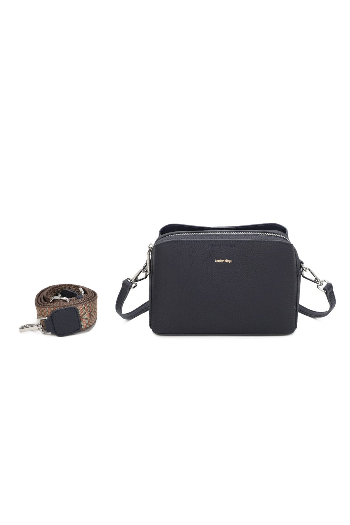 Real Leather Compact Crossbody Wide Strap Shoulder Bag - NAVY image
