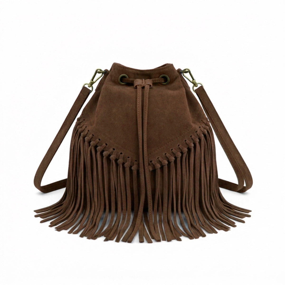 Soft Real Suede Leather Boho Fringe Bucket Shoulder Bag - COFFEE image