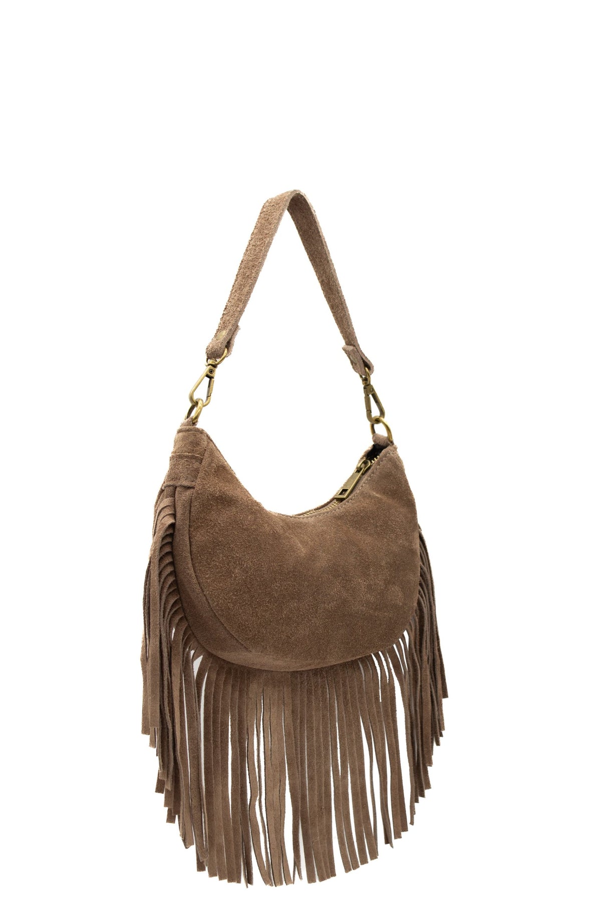 Small Genuine Italian Suede Fringed Crossbody Shoulder Bag - BEIGE image