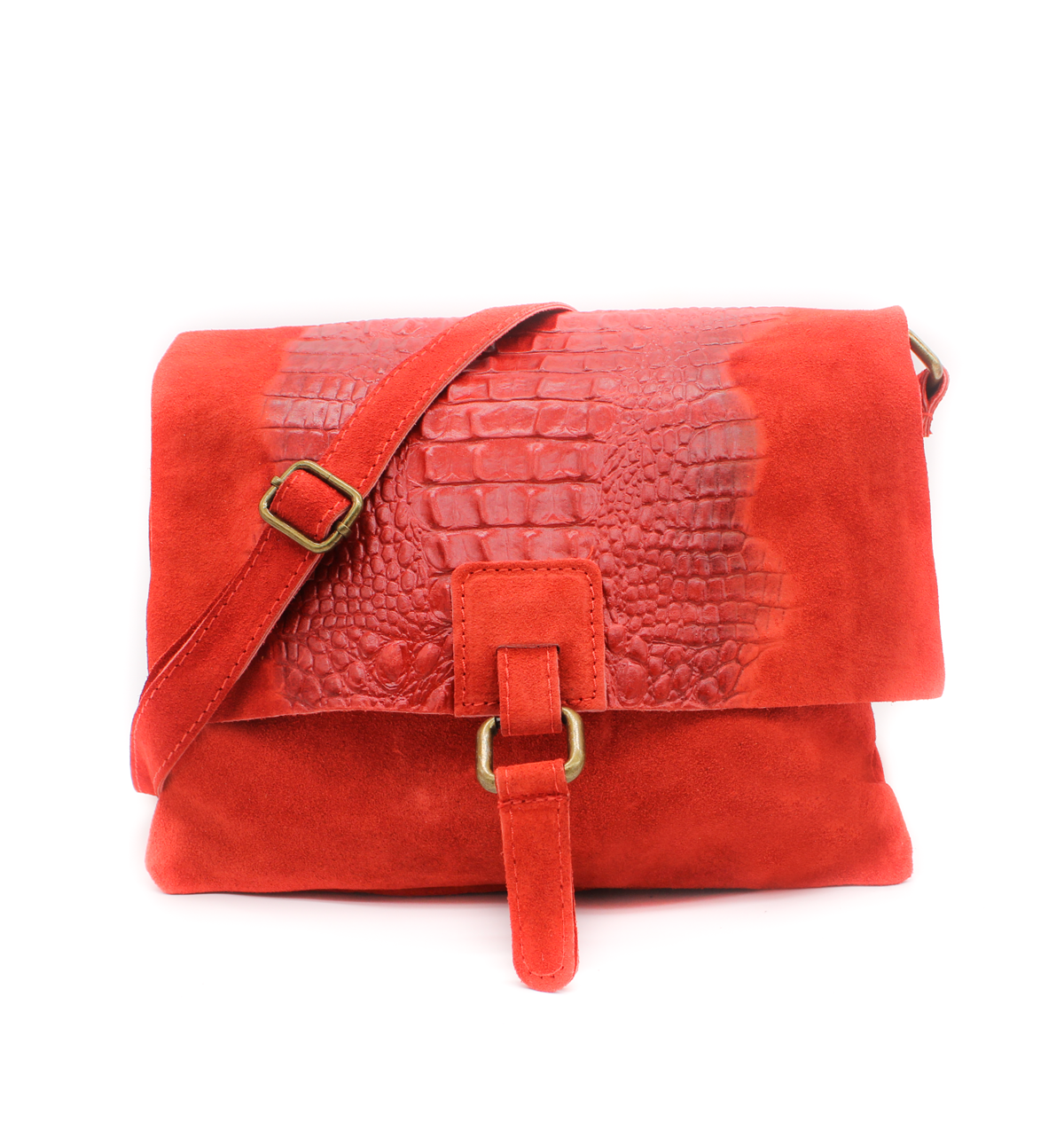 Italian Soft Suede Leather Croc Skin Pattern Flap Over Small Crossbody Bag - Red image