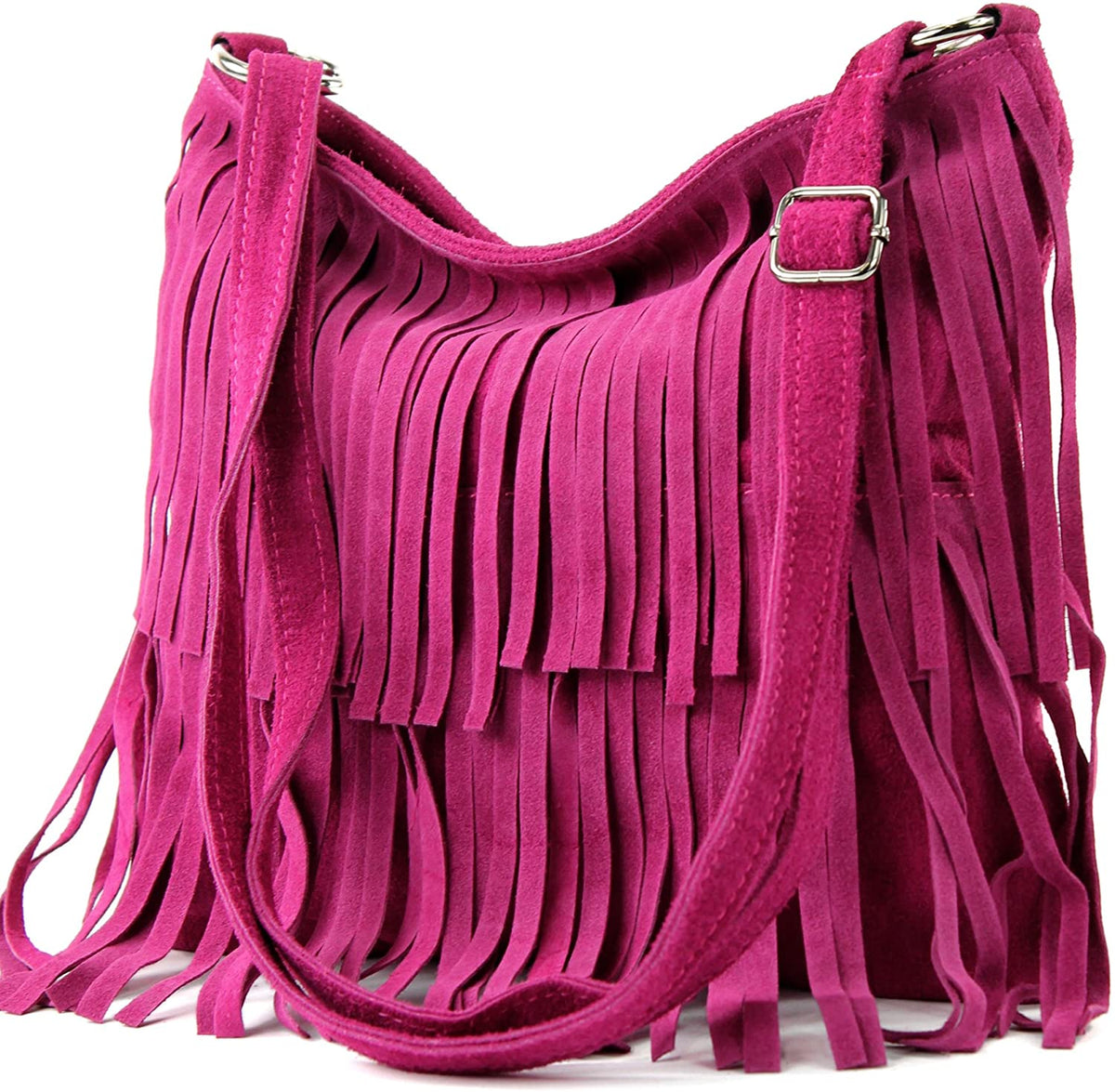 Italian Real Suede Leather Fringed Shoulder - Cross body Handbag - Fuchsia image