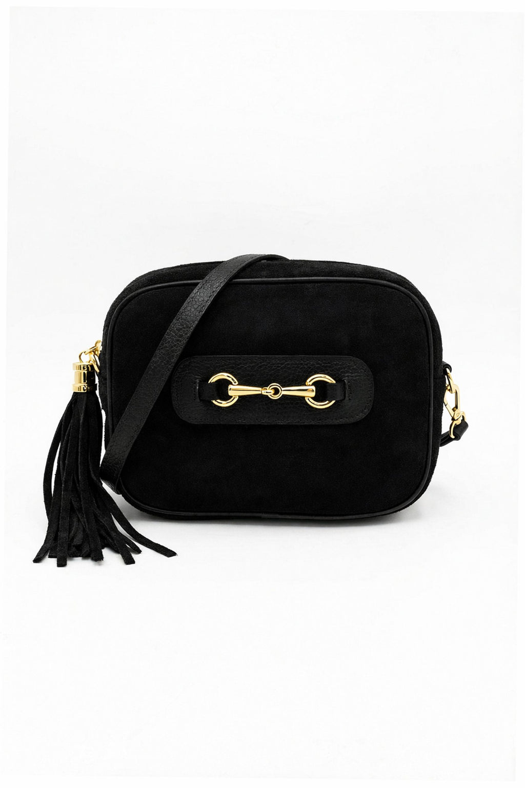 Italian Genuine Suede Crossbody Bag with Horsebit Detail - Black image
