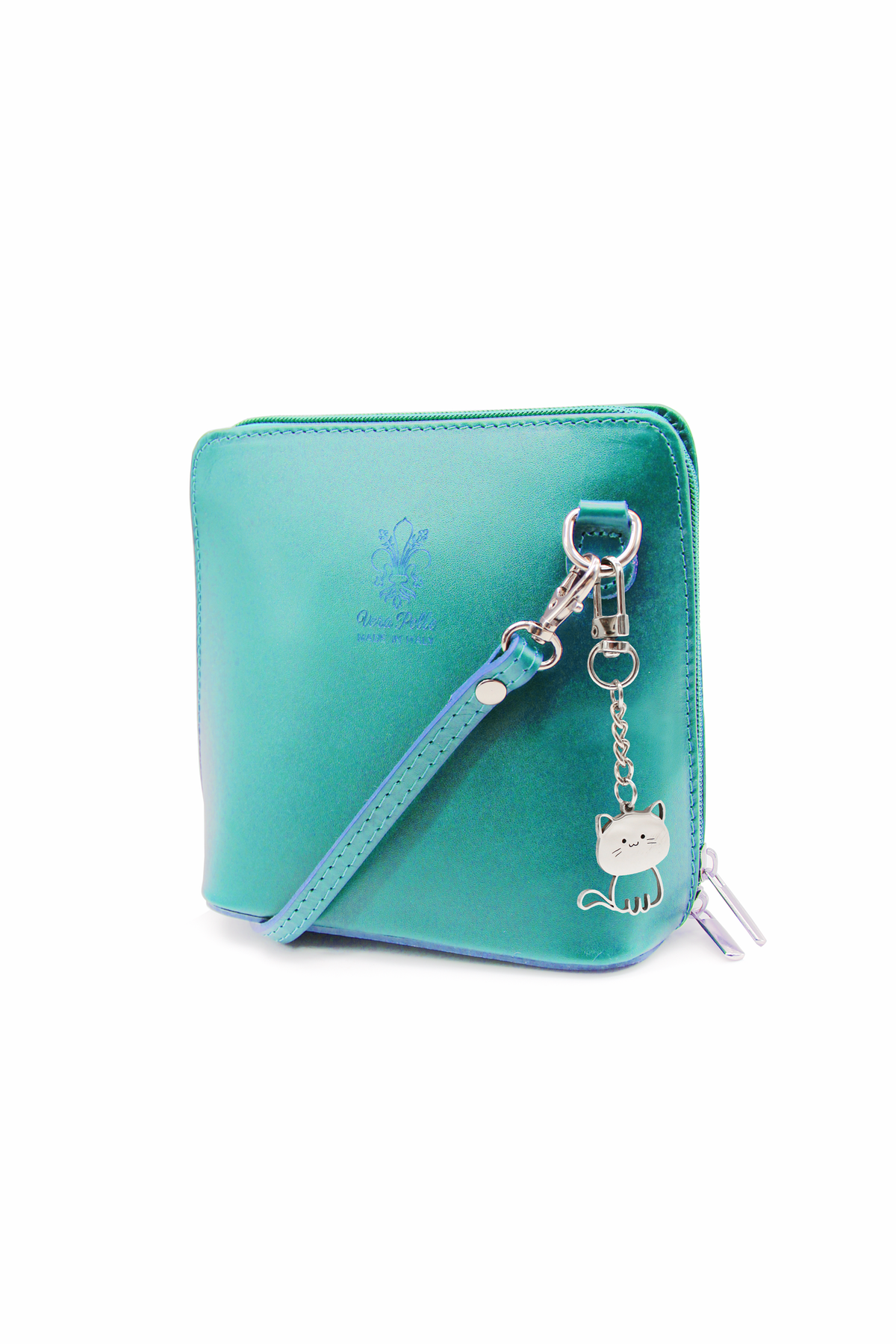 Small Italian Leather Handbag Crossbody Bag With Kitise Kitty Charm - Turquoise image