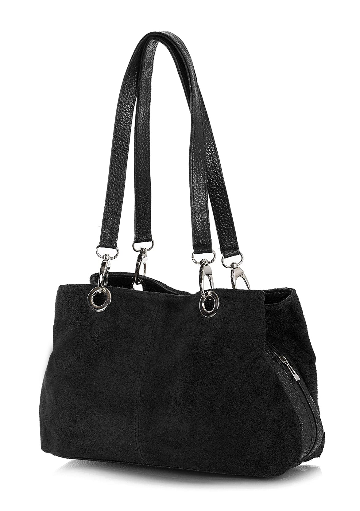 Real Italian Suede Vivid Colours Small 3 Compartments Tote Bag Stylish Shoulder Handbag - Black image