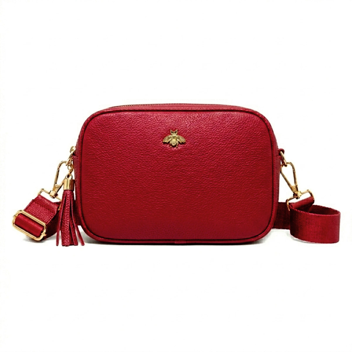 Genuine Leather Bee Logo Tassel Crossbody Camera Handbag - RED image