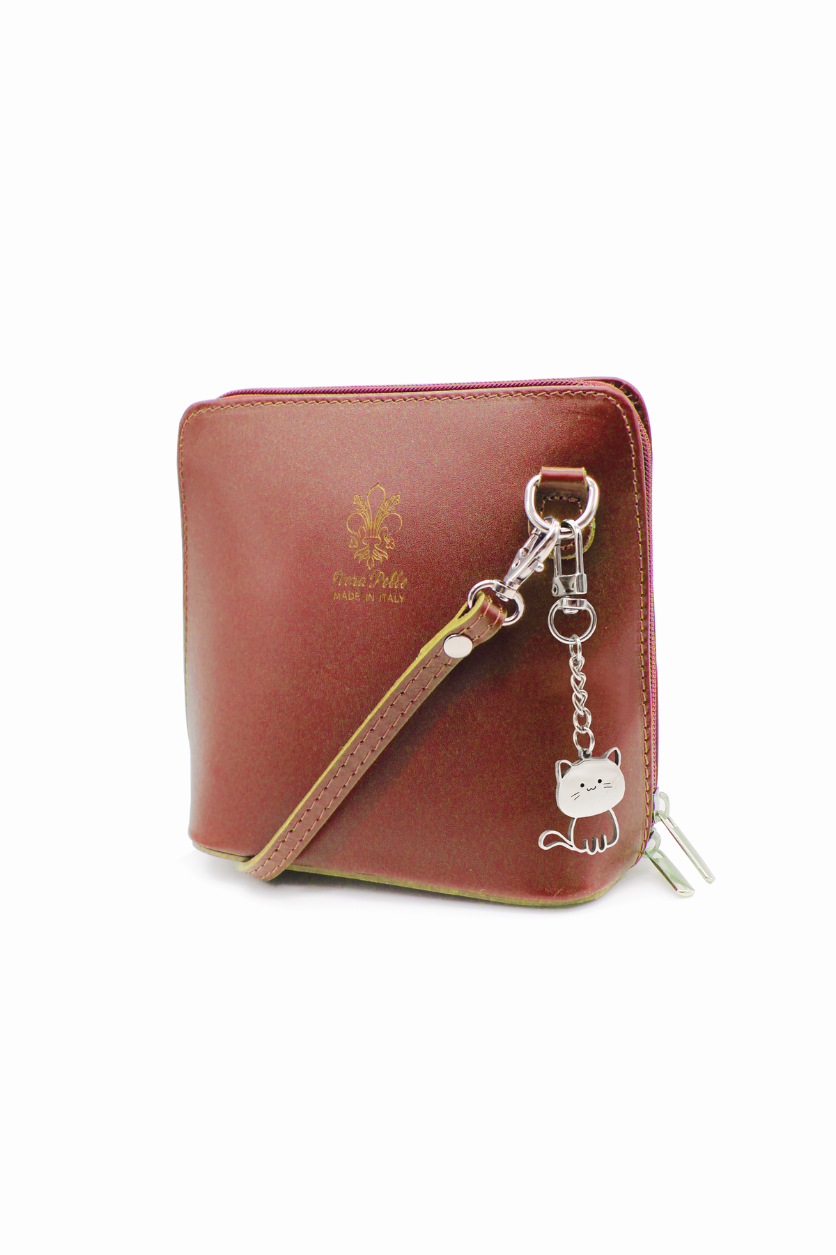 Small Italian Leather Handbag Crossbody Bag With Kitise Kitty Charm - Brown image