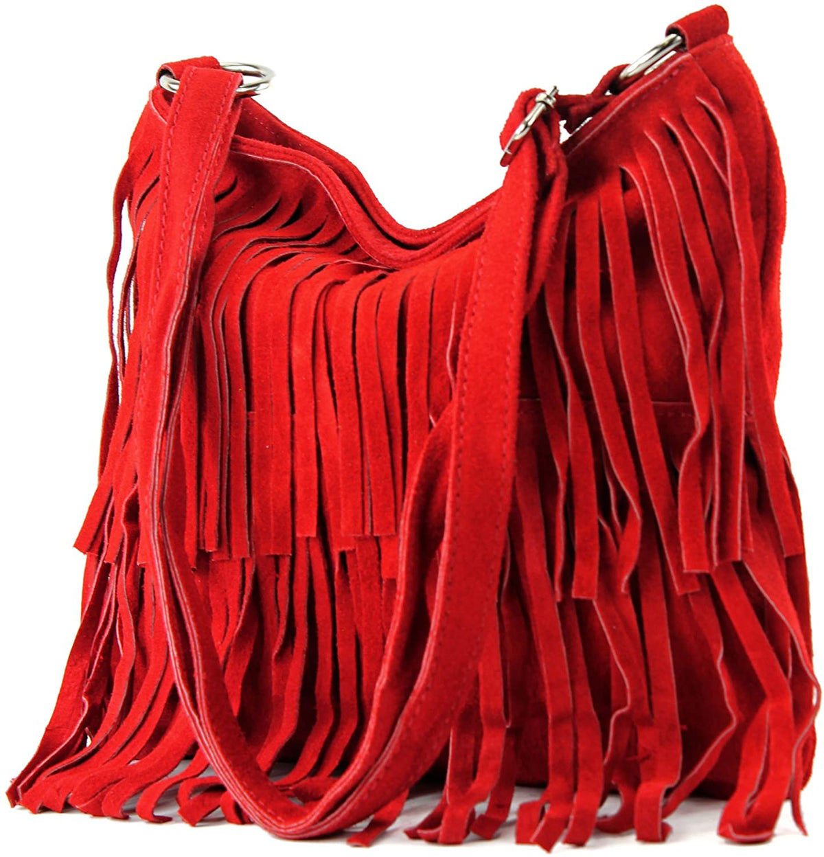 Italian Real Suede Leather Fringed Shoulder - Cross body Handbag - Burgundy image