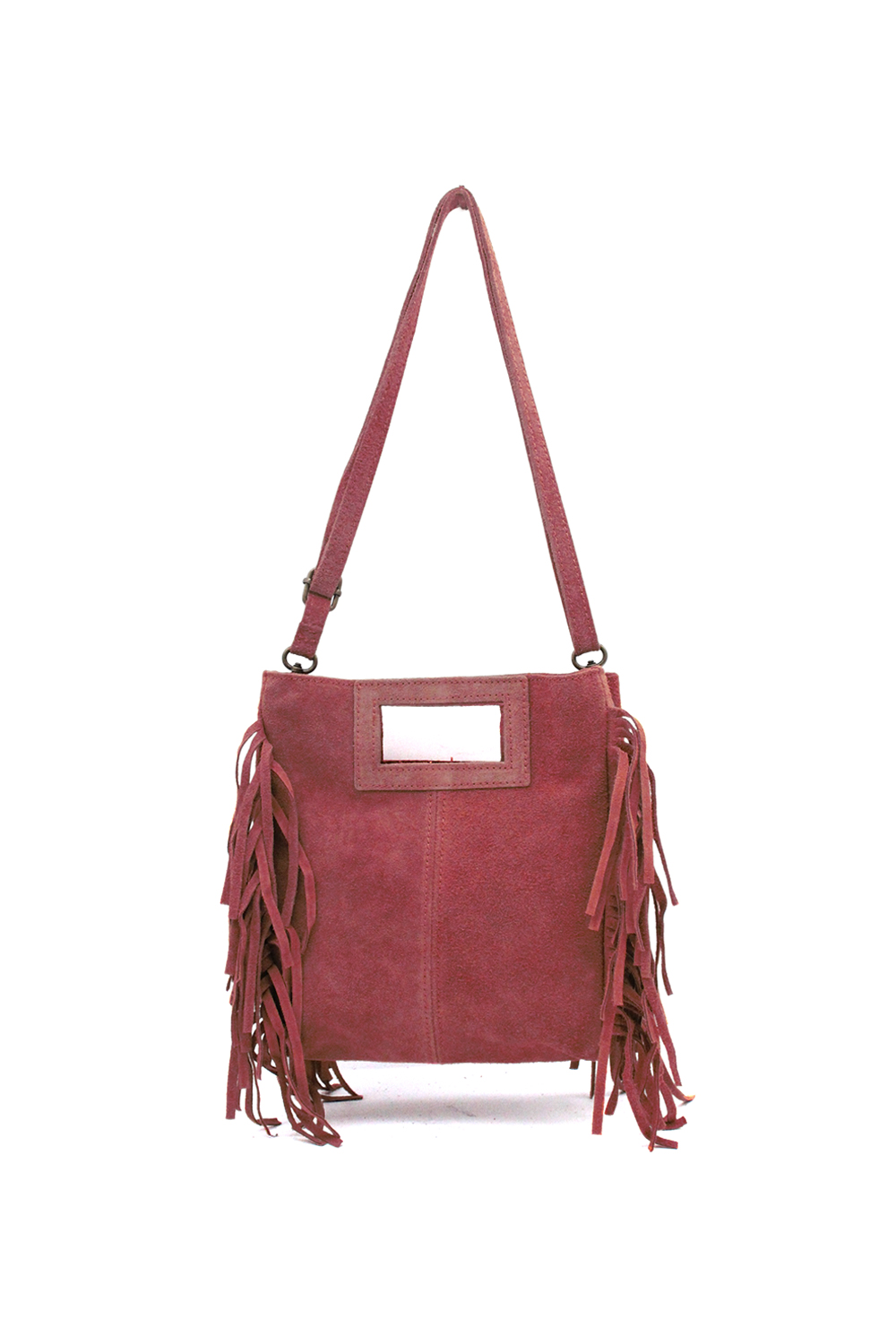 Genuine Italian Suede Crossbody Bag with Boho Fringe Design - Burgundy image