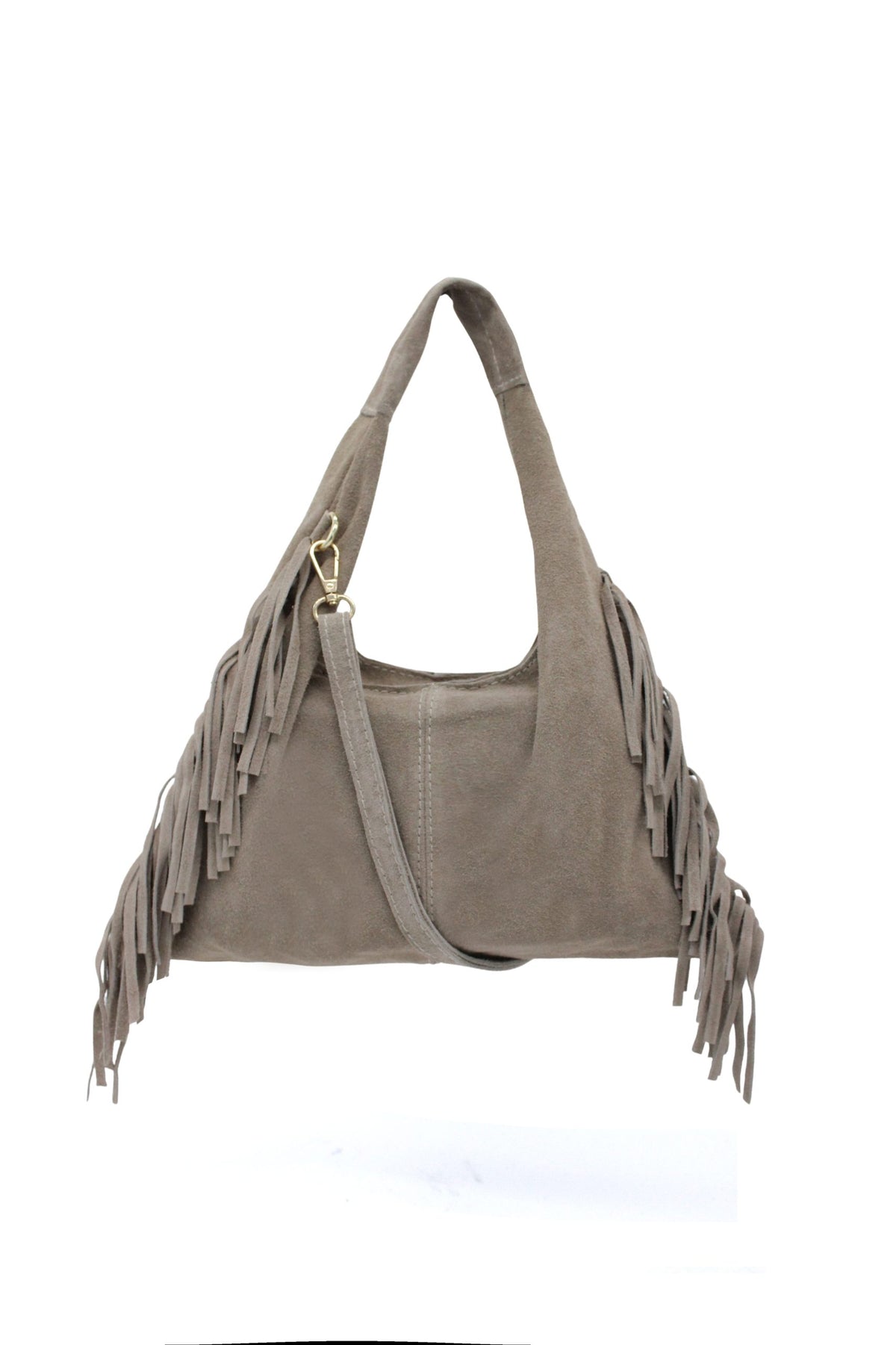 Italian Genuine Suede Fringe Crossbody Shoulder Bag - Beige image