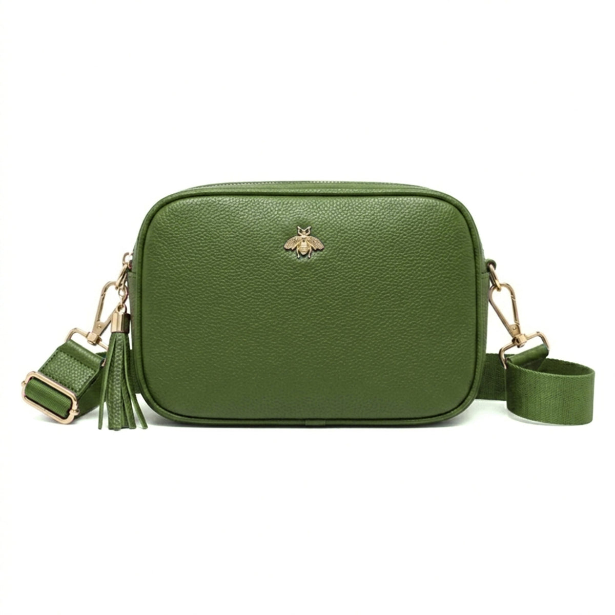 Genuine Leather Bee Logo Tassel Crossbody Camera Handbag - GREEN image