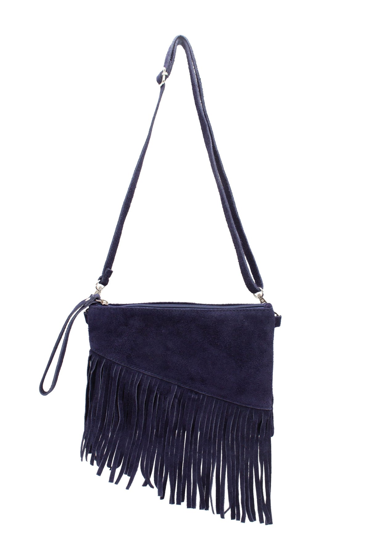 Small Multi-Functionla Fringe Italian Suede Leather Wristlet Purse Bag Crossobody Handbag - NAVY image