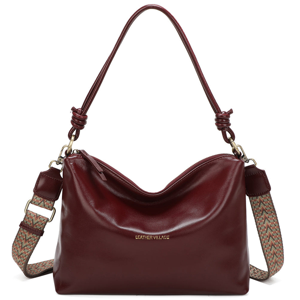 Genuine Leather Knotted Handle Crossbody Shoulder Bag - BURGUNDY image