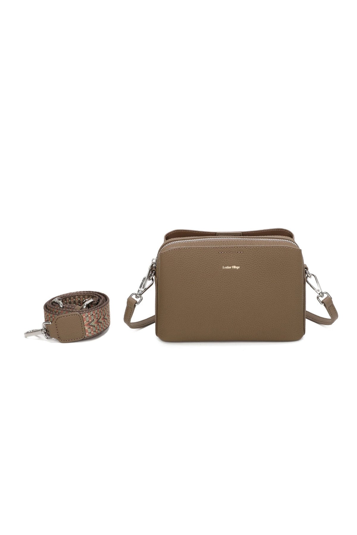 Real Leather Compact Crossbody Wide Strap Shoulder Bag - TAUPE image