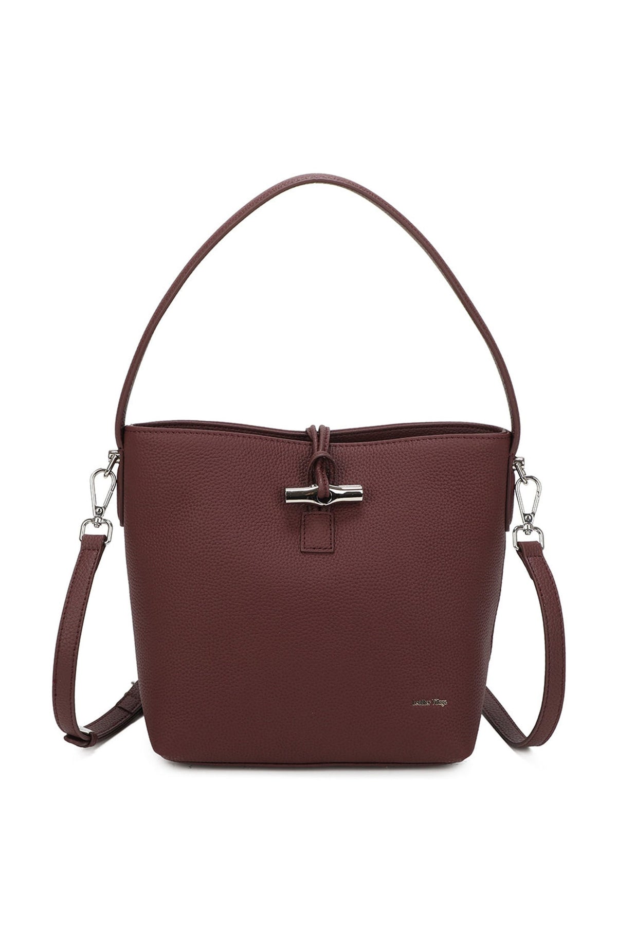 Real Leather Bucket Shoulder Handbag with Toggle Closure - BURGUNDY image