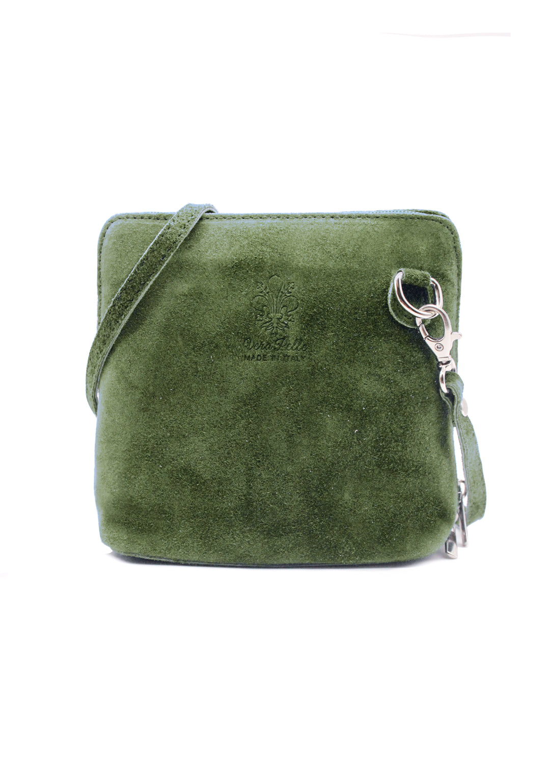 Small Genuine Italian Suede Leather Zip Around Crossbody Bag - Army Green image