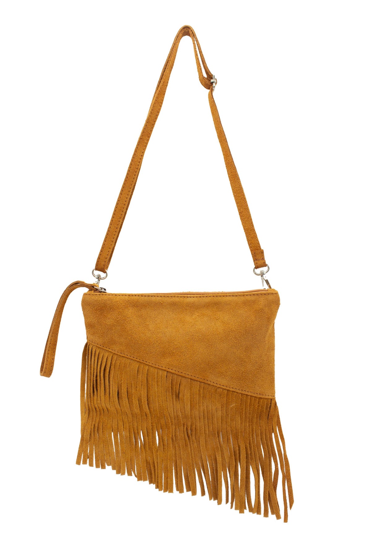 Small Multi-Functionla Fringe Italian Suede Leather Wristlet Purse Bag Crossobody Handbag - BROWN image
