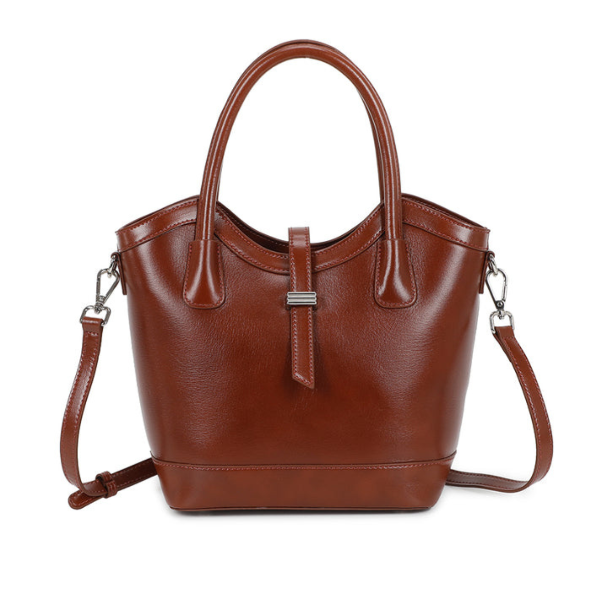 Versatile  Structured Design Genuine Leather Handbag - BROWN image