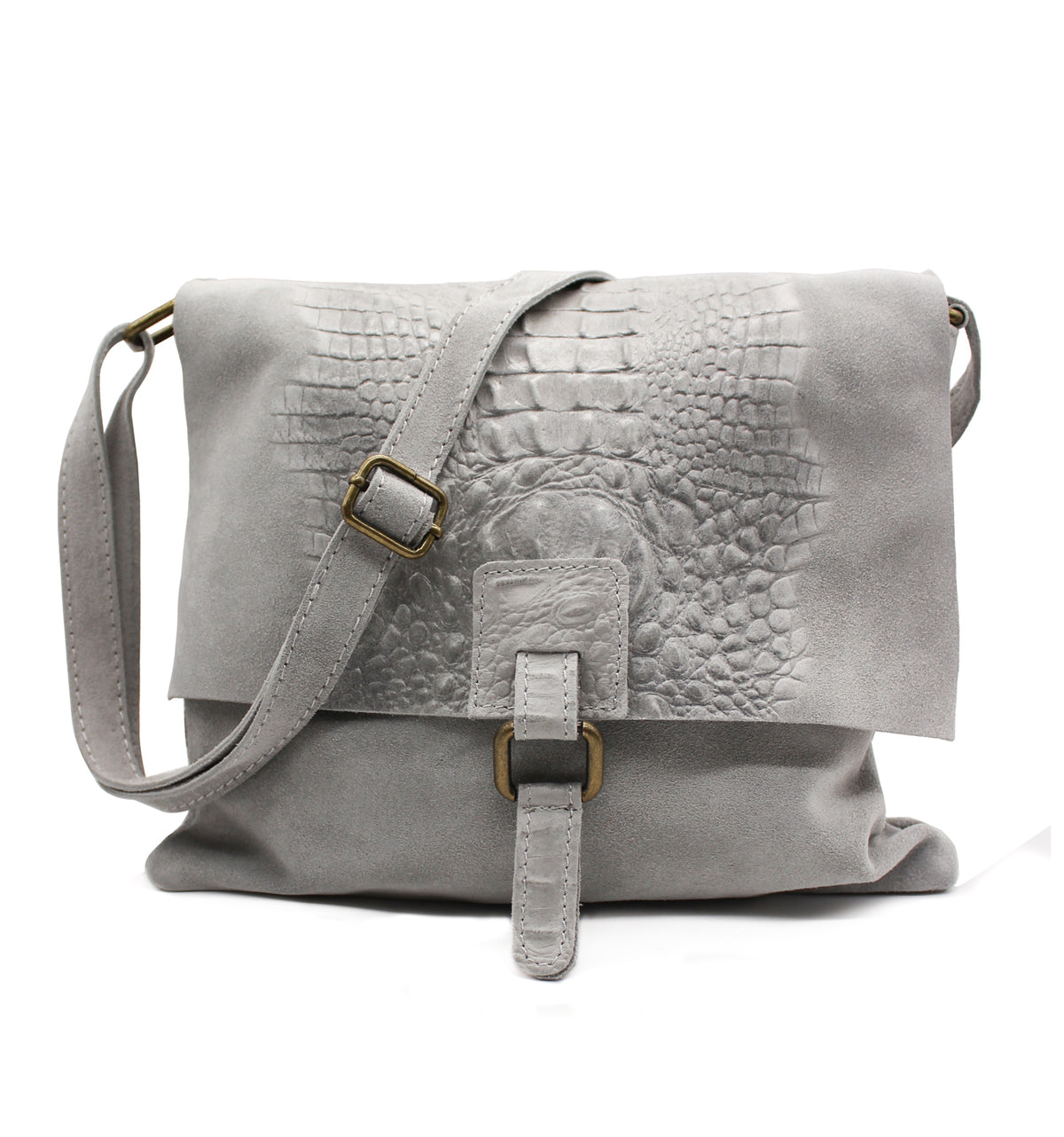 Italian Soft Suede Leather Croc Skin Pattern Flap Over Small Crossbody Bag - Light Grey image
