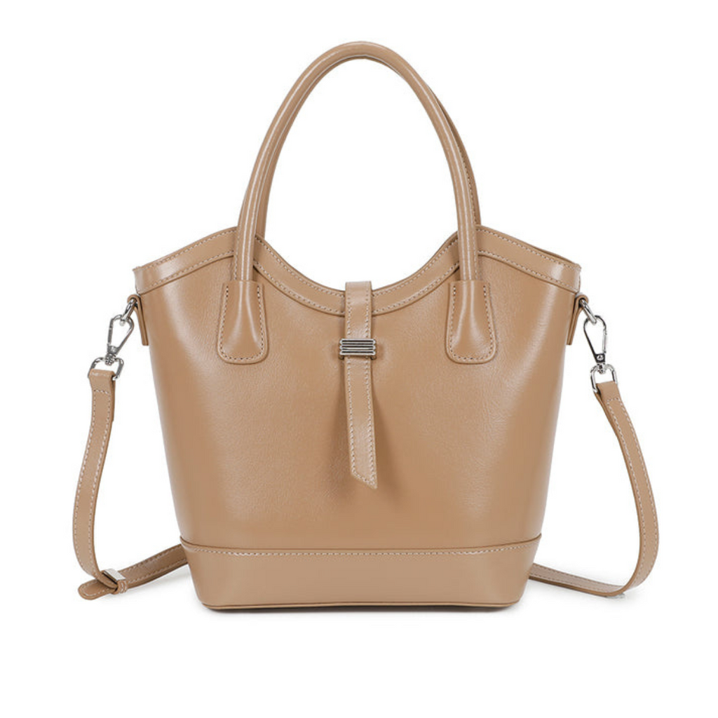 Versatile  Structured Design Genuine Leather Handbag - ALMOND image