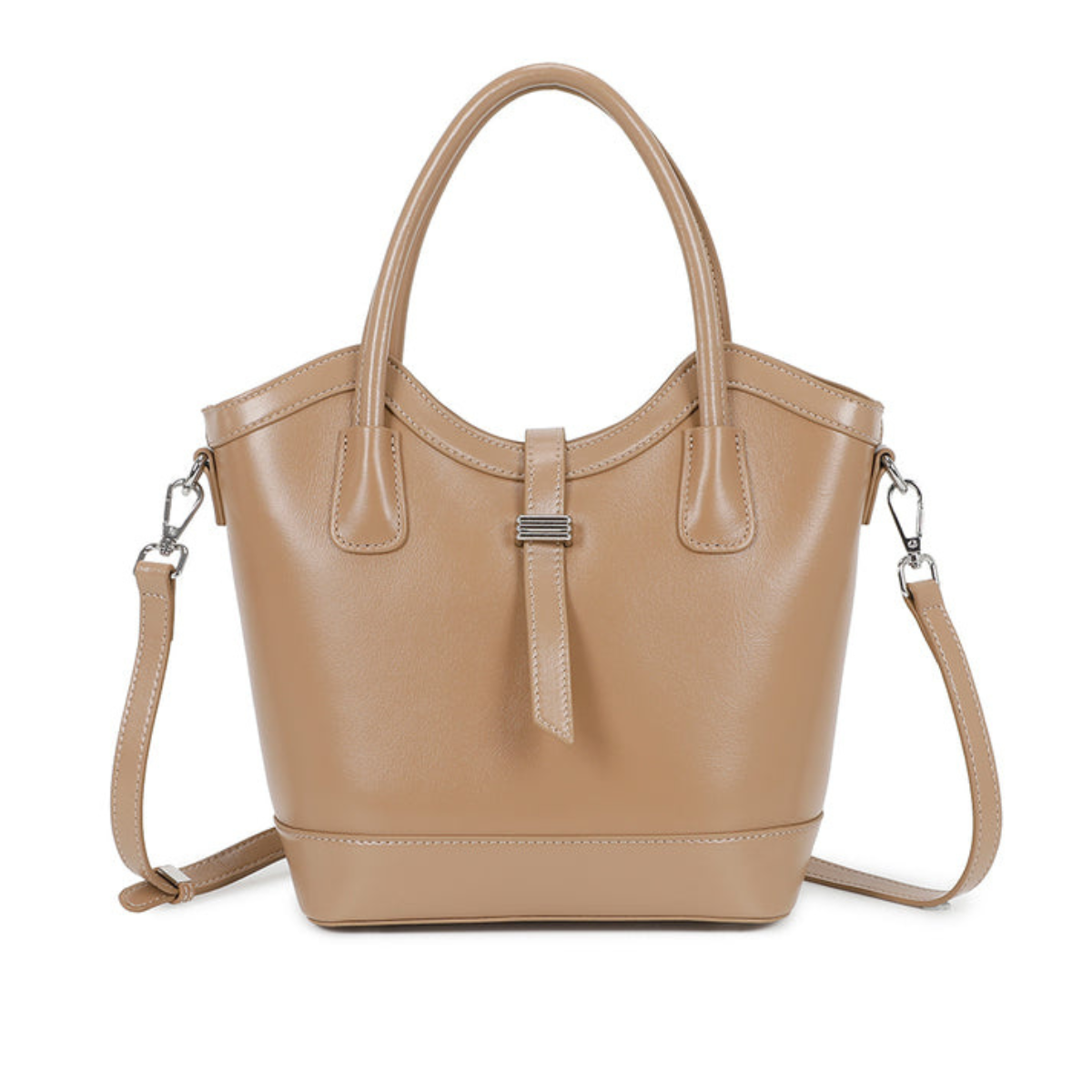 Versatile  Structured Design Genuine Leather Handbag - ALMOND image