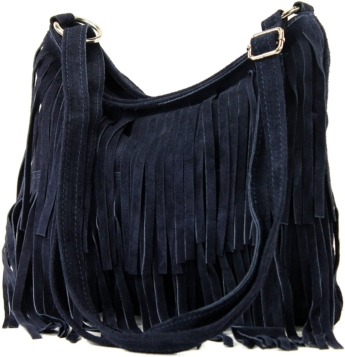 Italian Real Suede Leather Fringed Shoulder - Cross body Handbag - Navy image