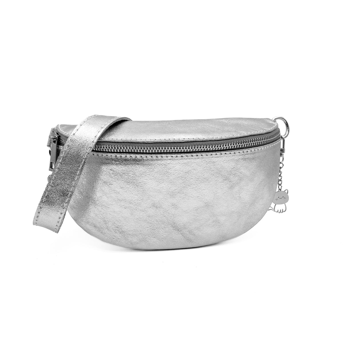Italian Real Leather Bum Bag Style Crossbody Bag - SILVER image