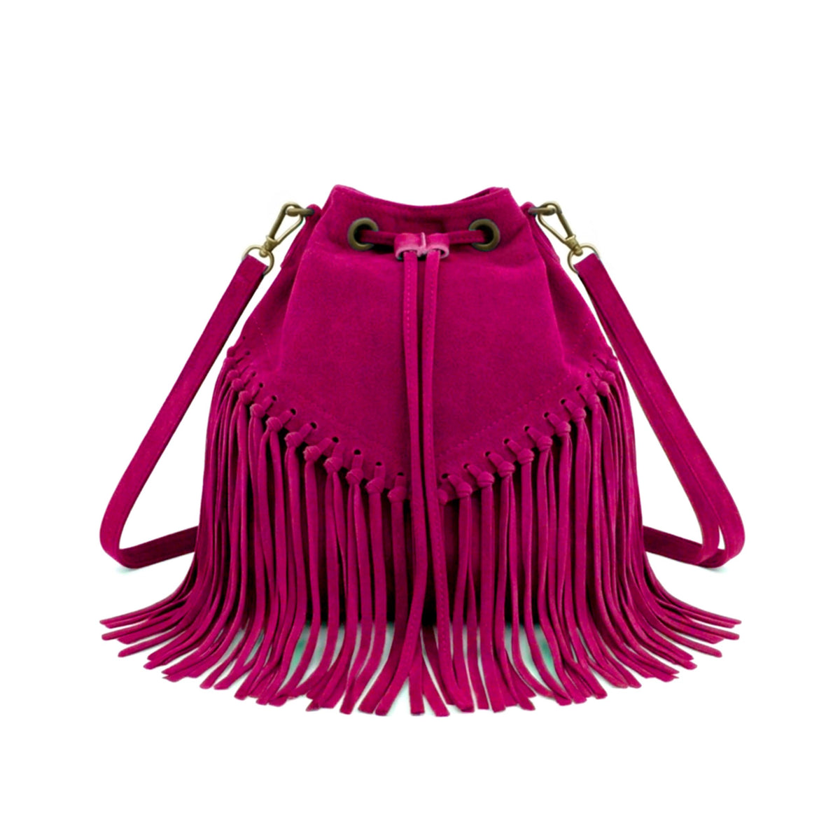 Soft Real Suede Leather Boho Fringe Bucket Shoulder Bag - ROSE image