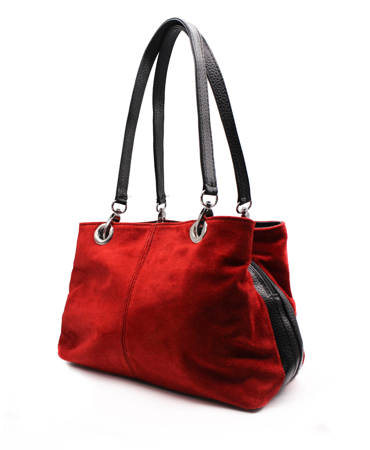 Real Italian Suede Vivid Colours Small 3 Compartments Tote Bag Stylish Shoulder Handbag - Red image