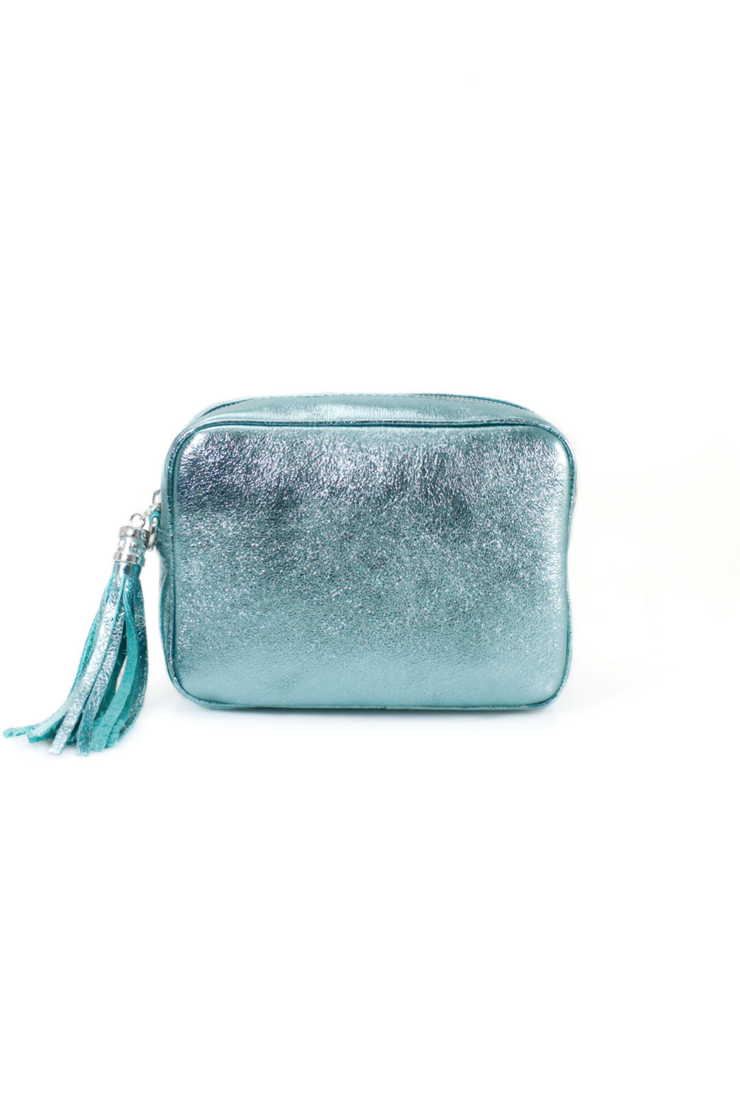 Tassel Charm Genuine Italian Leather Camera Handbag Crossbody Bag - Light Blue Metallic image