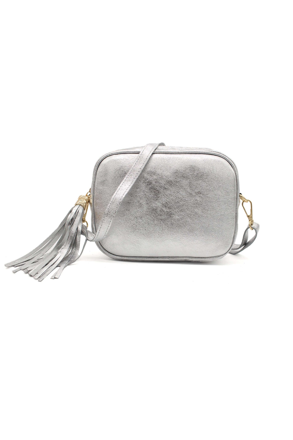 Italian Genuine Leather Crossbody Bag with Tassel Zipper - Silver image