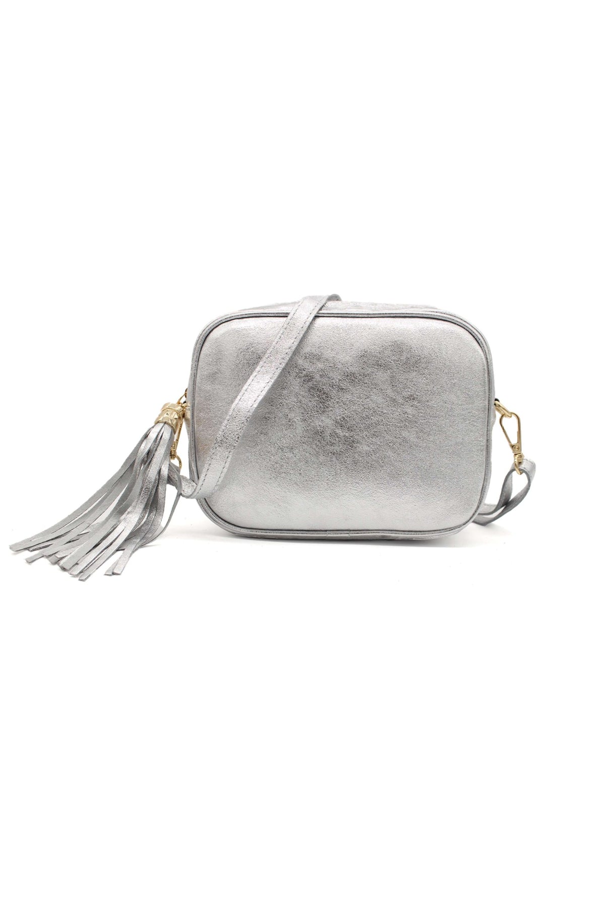 Italian Genuine Leather Crossbody Bag with Tassel Zipper - Silver image